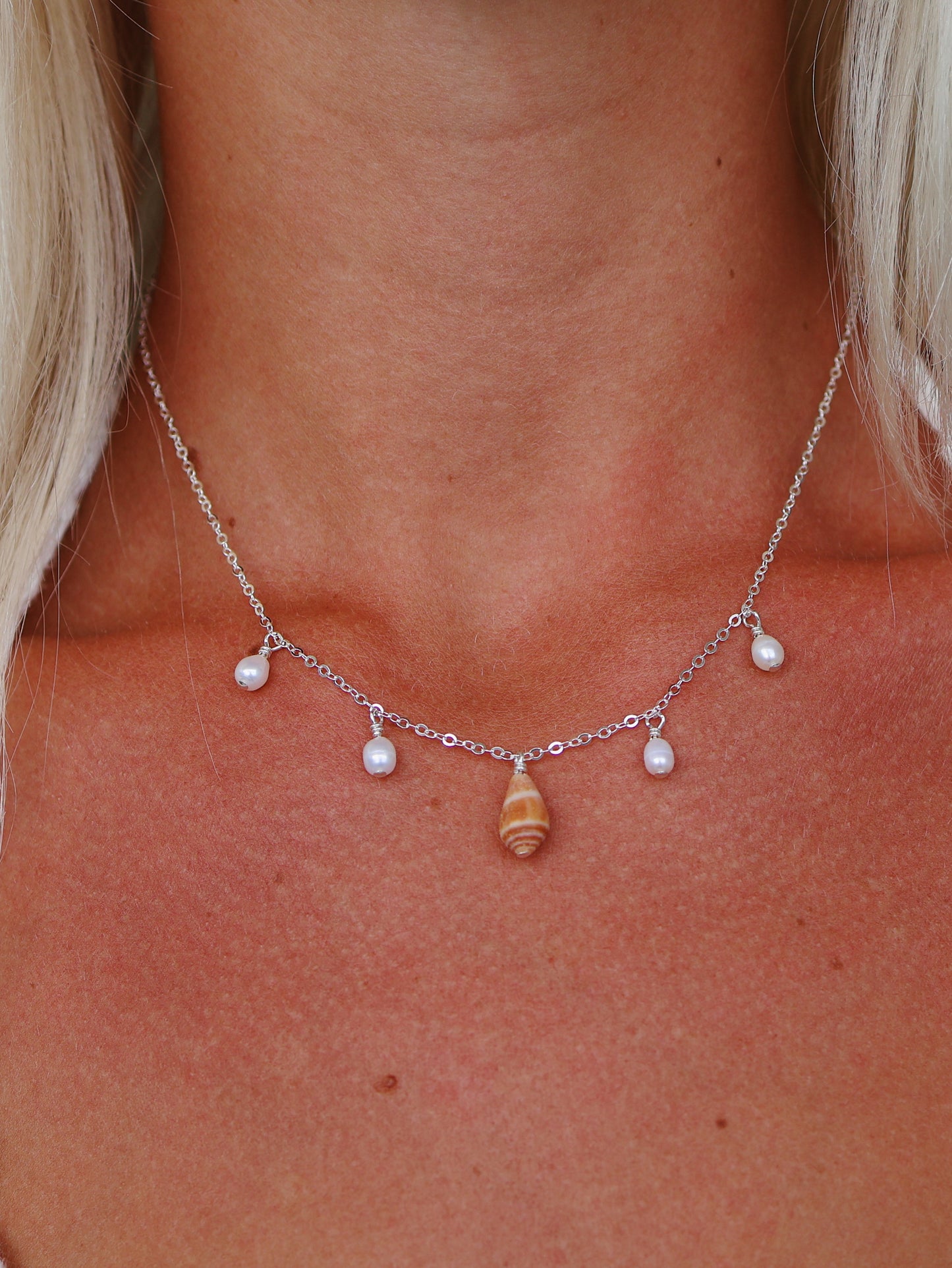 Sterling Silver Orange Cone Shell & Baroque Pearl Multi Necklace