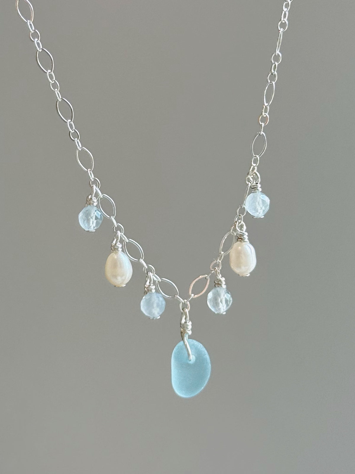 Sterling Silver Fancy Baby Blue Sea Glass Gemstone Necklace
