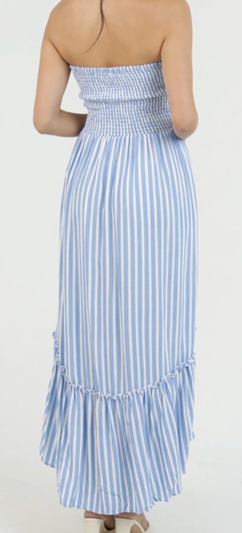 Blue Striped Smocked High Low Maxi Dress