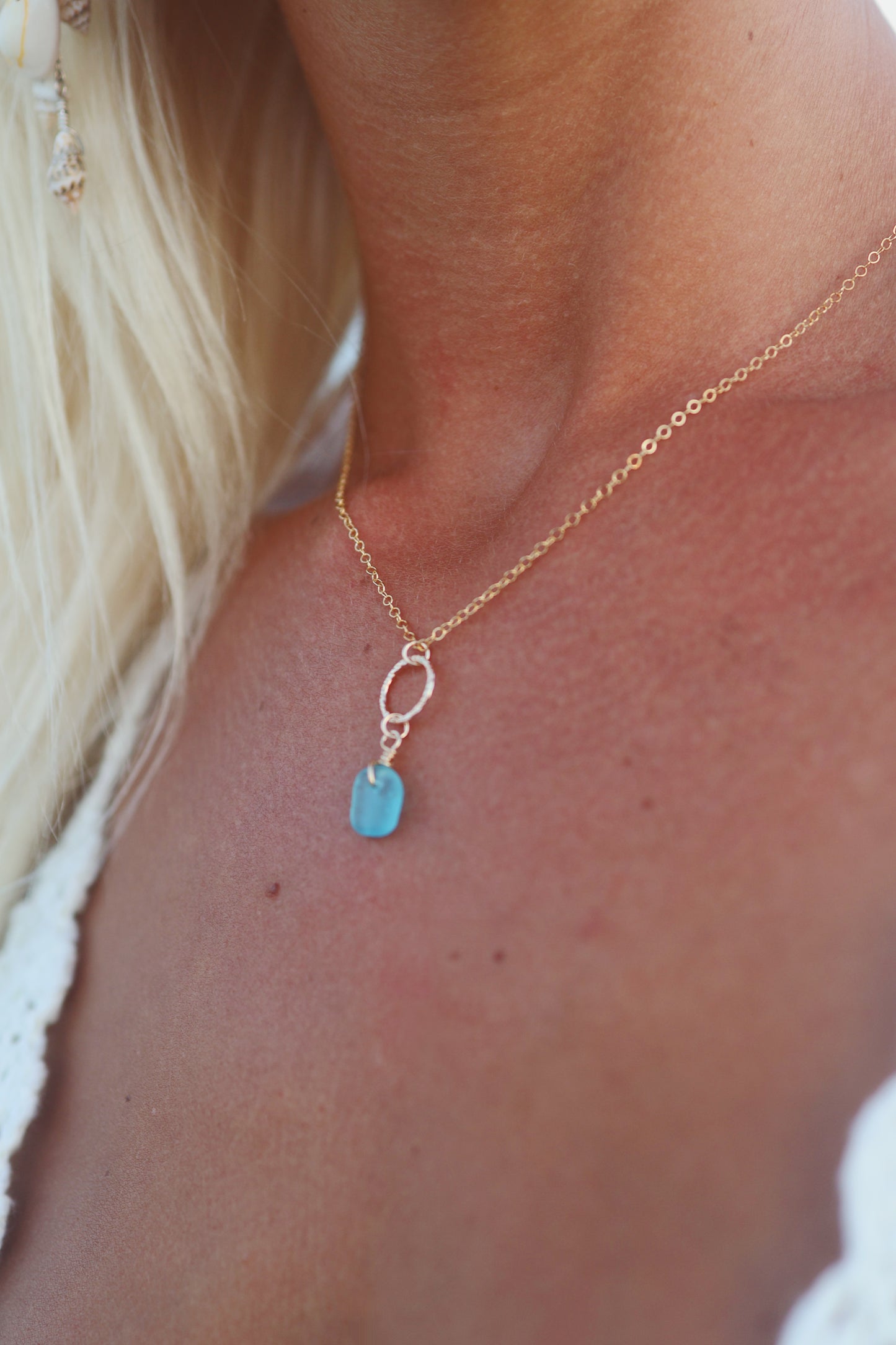 Gold Filled Light Turquoise Sea Glass Hammered Circle Necklace