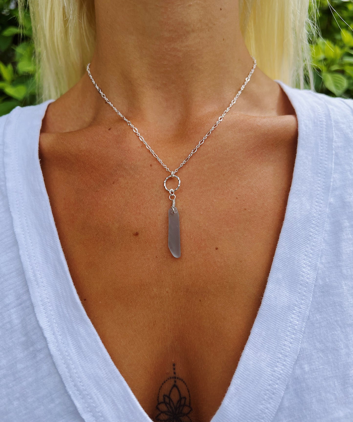 Gray Sea Glass Silver Necklace