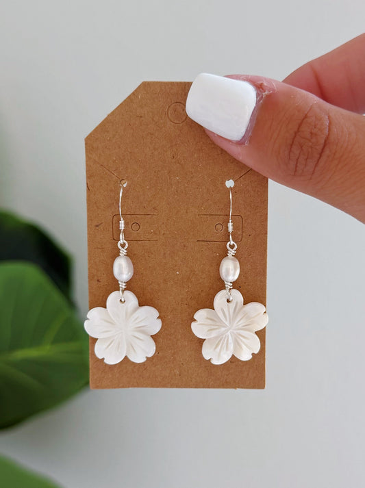Sterling Silver Hibiscus Flower Mother of Pearl Earrings