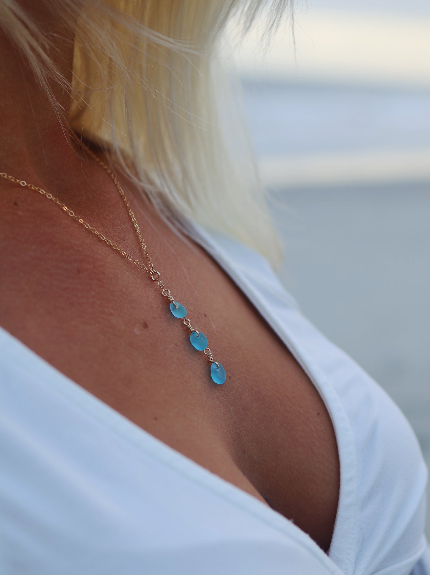 Gold Filled Ocean Blue Sea Glass Drop Necklace