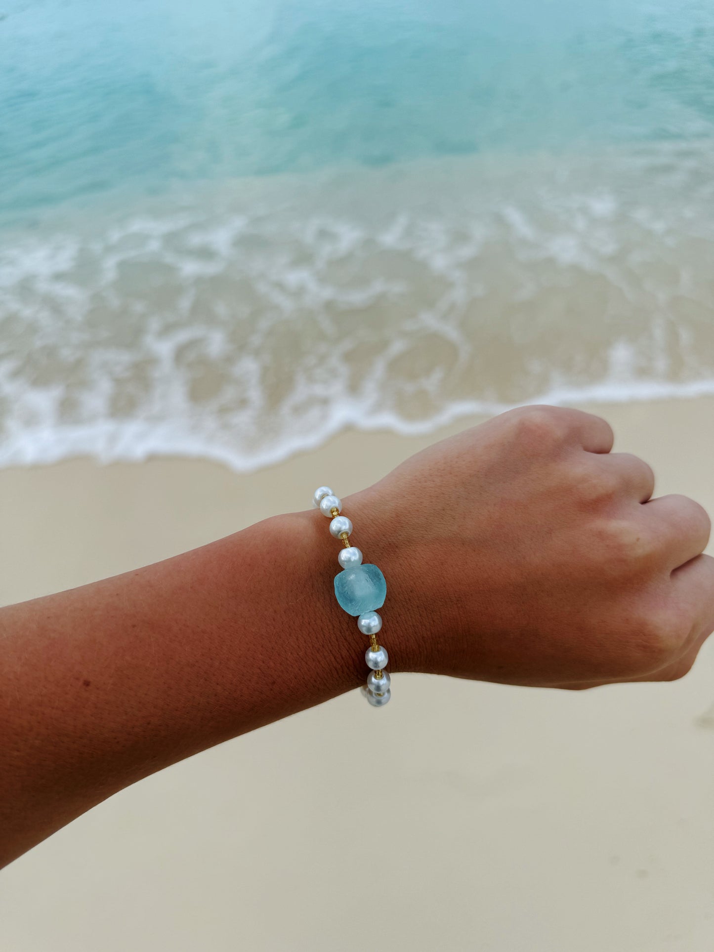 Gold Aqua Sea Glass Pearl Bracelet