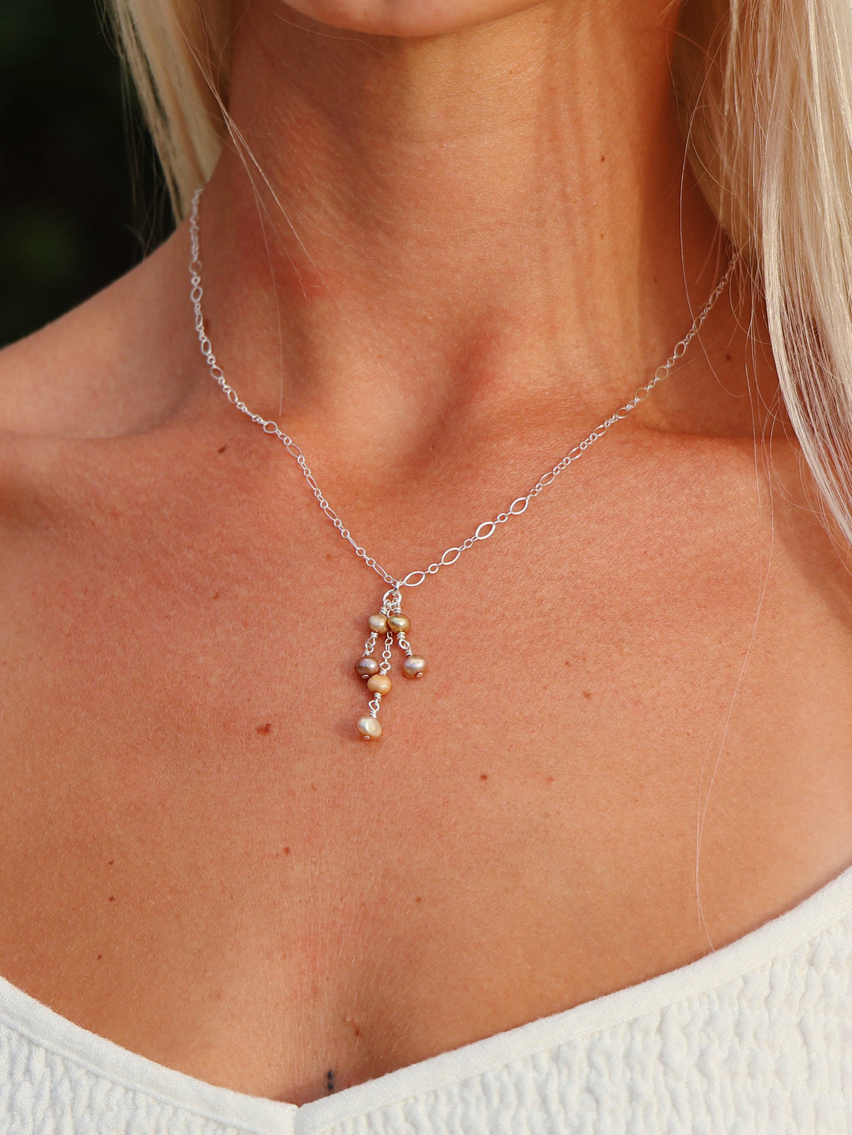 Sterling Silver Bronze Aura Pearl Chandelier Necklace