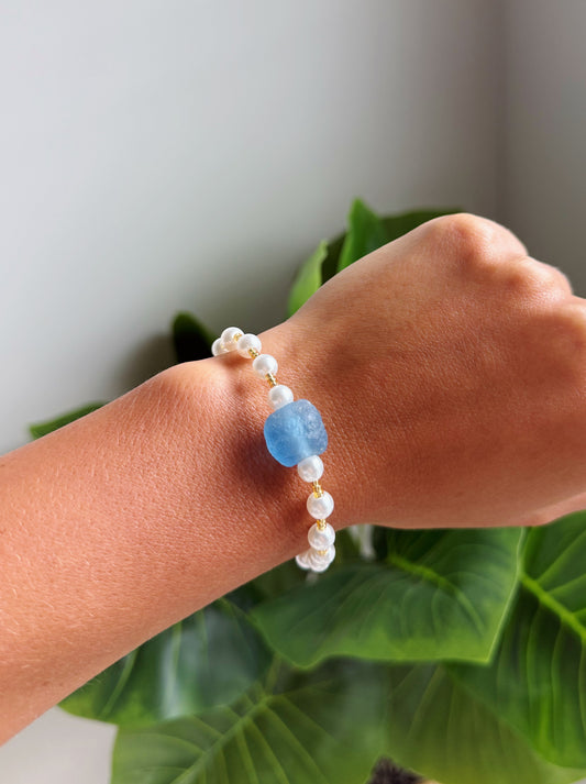 Gold Blue Sea Glass Pearl Bracelet