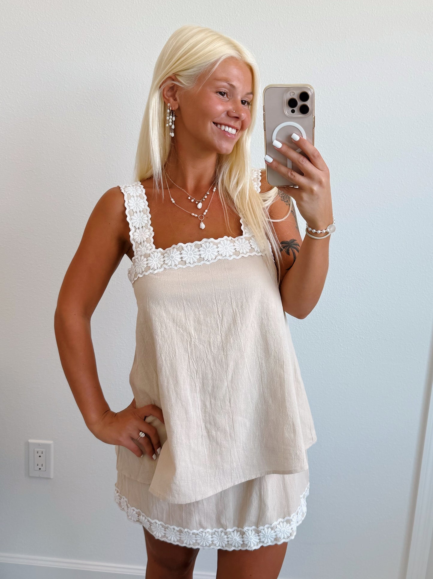 Tan Crochet Flower Trim Dress
