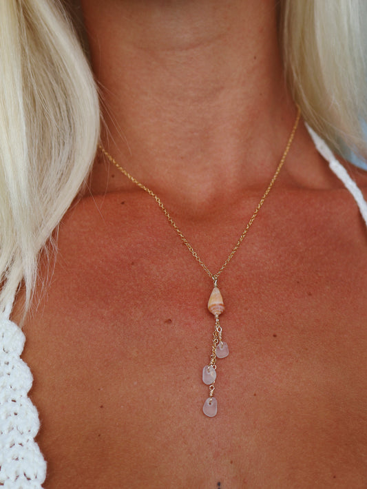 Gold Filled Orange Cone Shell & Clear Sea Glass Triple Drop Necklace