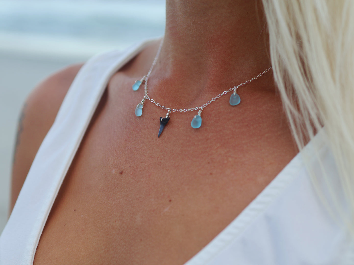 Sterling Silver Shark Tooth & Light Blue Sea Glass Multi Necklace