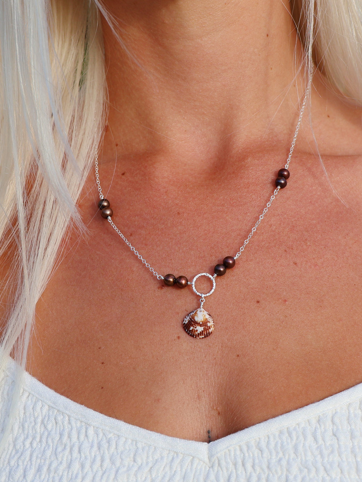 Sterling Silver Brown Pearl Cayman Scallop Shell Necklace