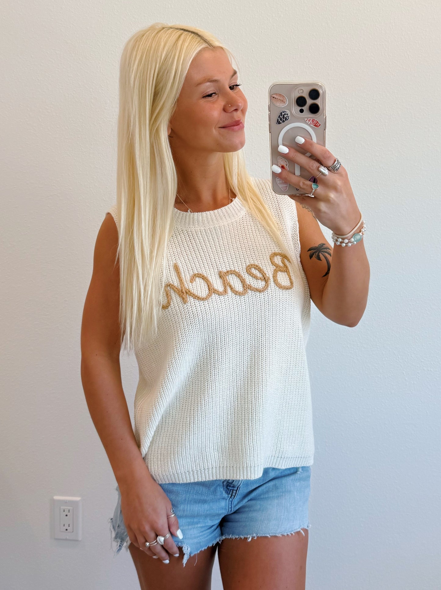 Cream Beach Sweater Tank Top
