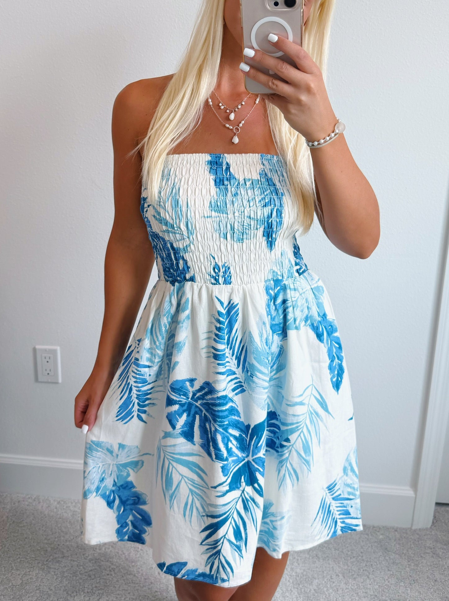 Blue Tropical Leaf Smocked Strapless Mini Dress