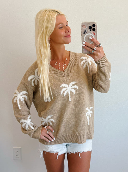Tan Palm Tree V Neck Sweater