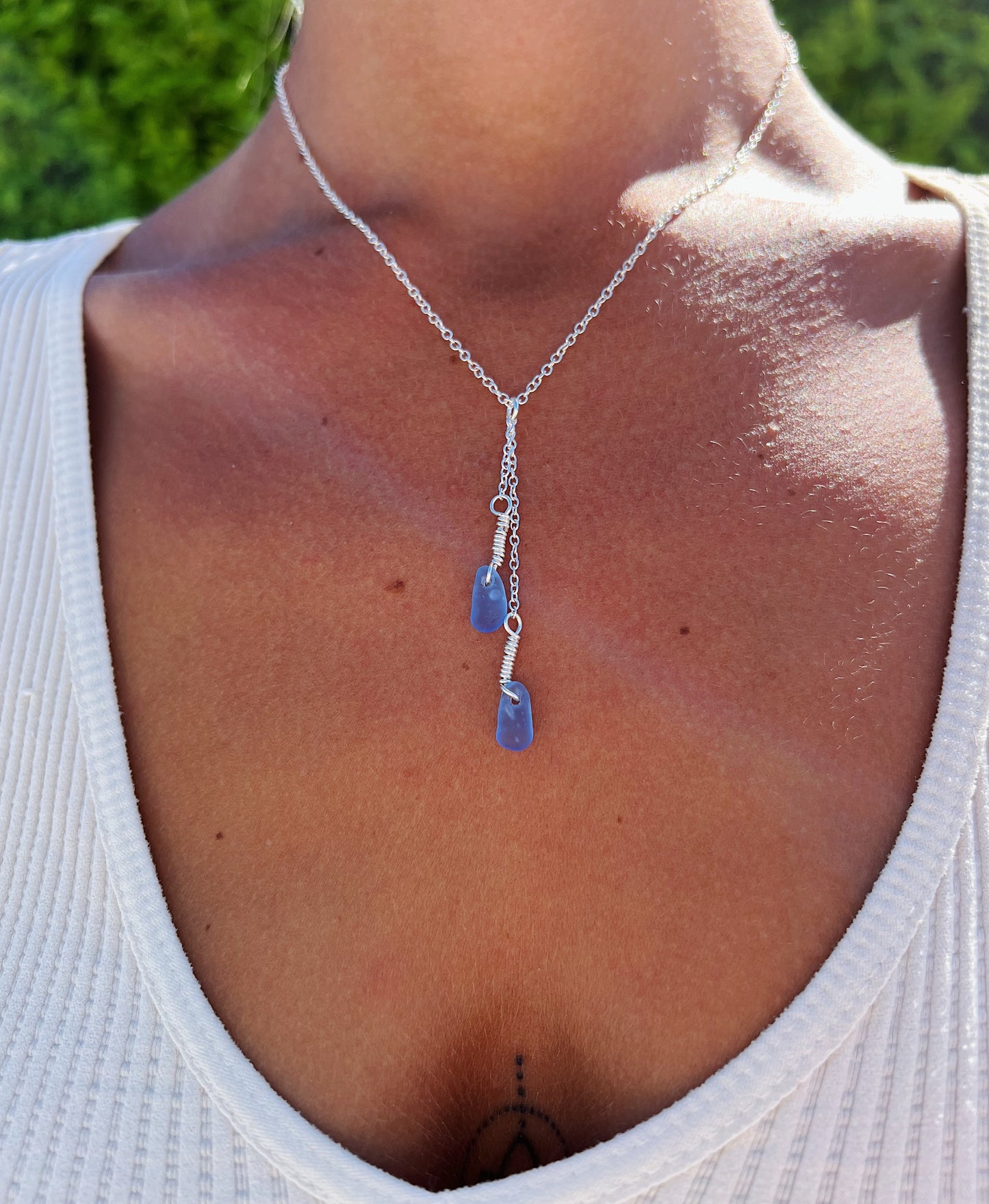 Indigo Sea Glass Double Drop Necklace