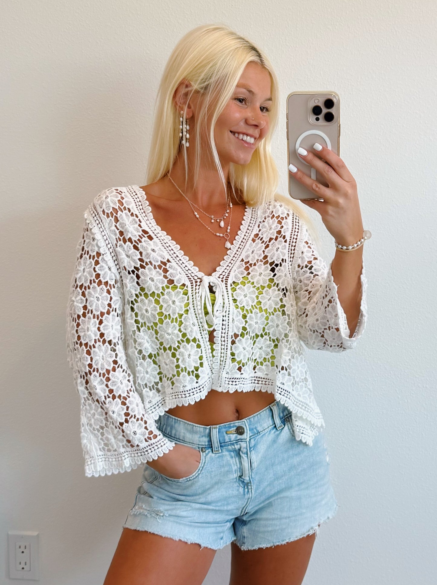 White Crochet Flower Tie Front Cardigan