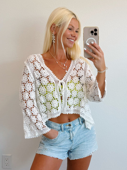 White Crochet Flower Tie Front Cardigan