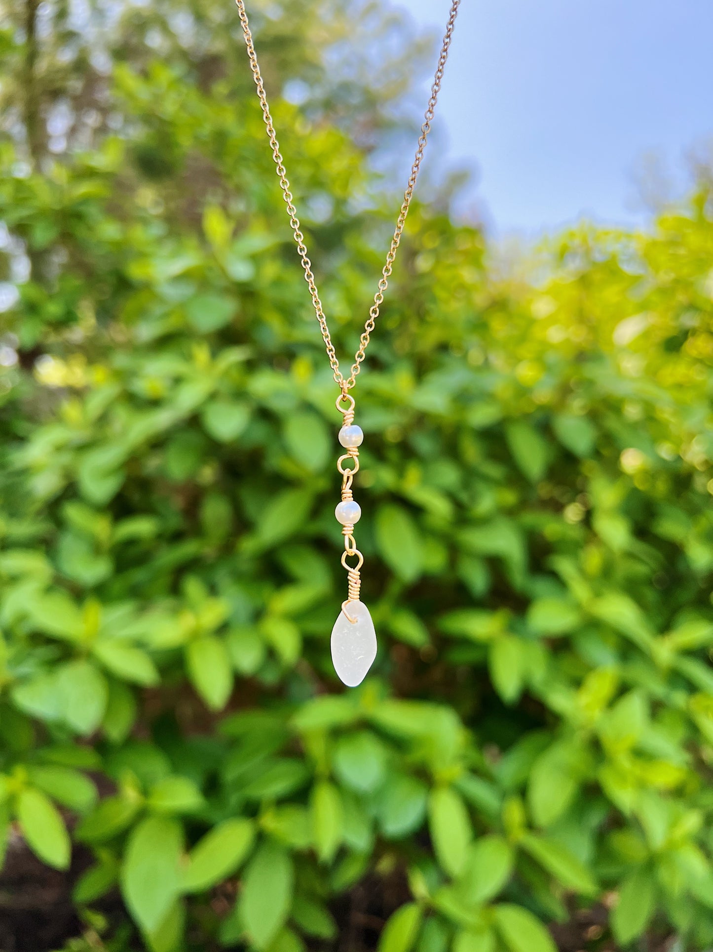 Freshwater Pearl Clear Sea Glass Gold Necklace