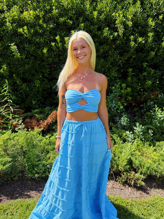 Ocean Blue Double Twist Tube Top & Matching Flowy Skirt