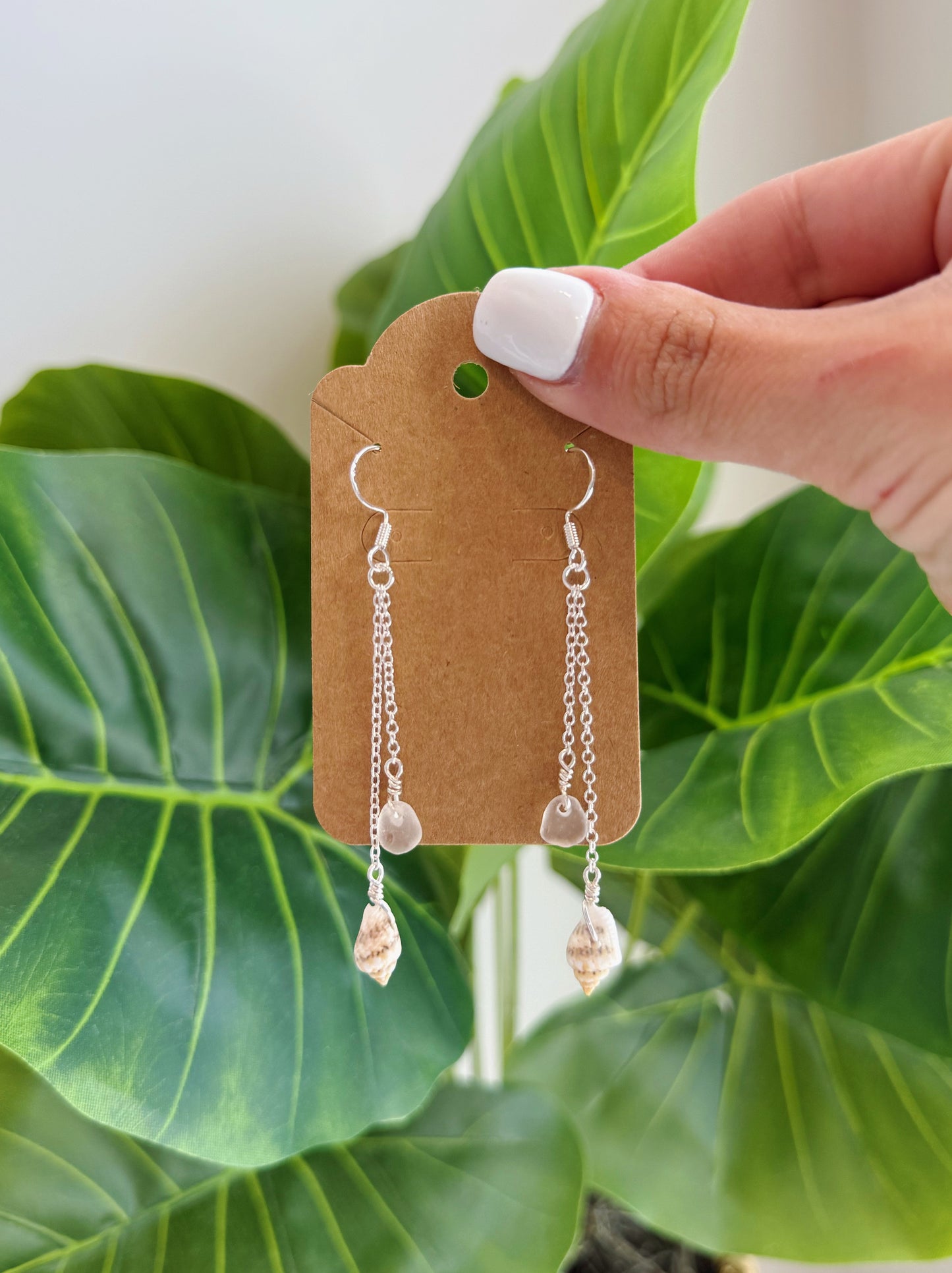 Silver Shell & Clear Sea Glass Drop Earrings