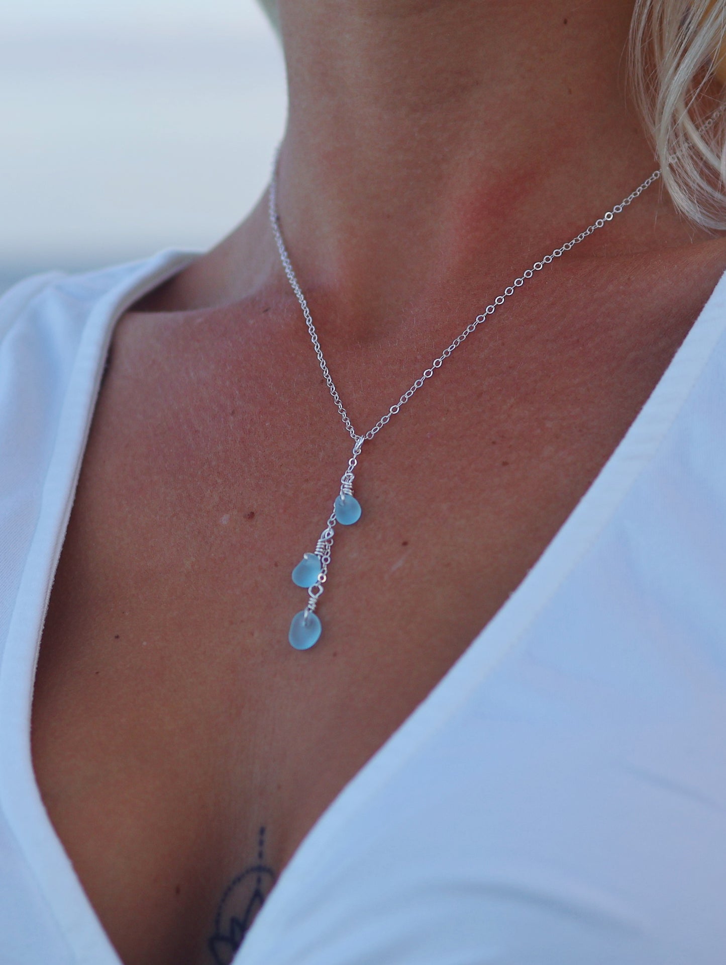 Sterling Silver Light Blue Sea Glass Drop Necklace