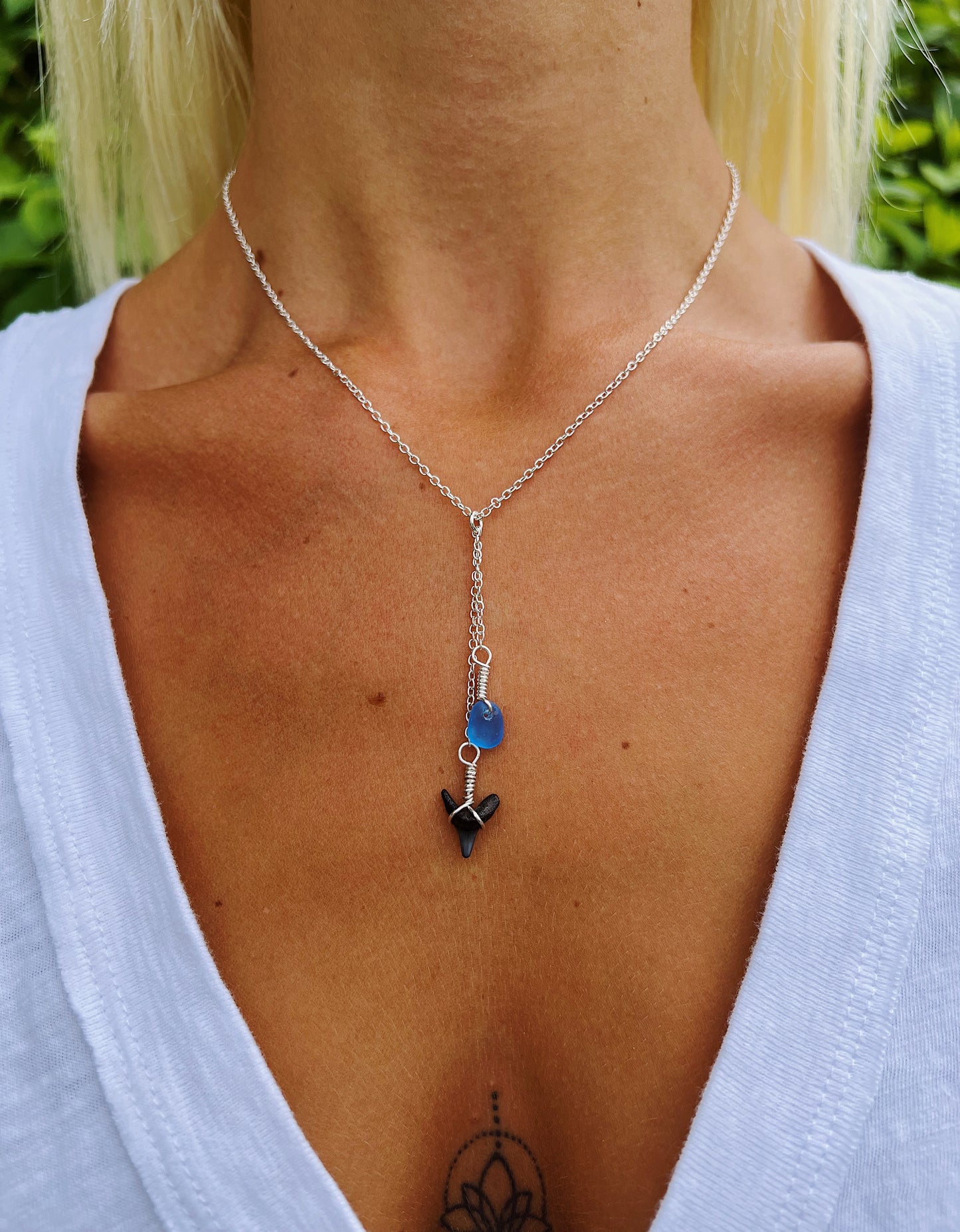 Shark Tooth & Royal Blue Sea Glass Silver Drop Necklace