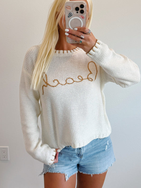 Cream Beach w/ Tan Embroidered Trim Sweater