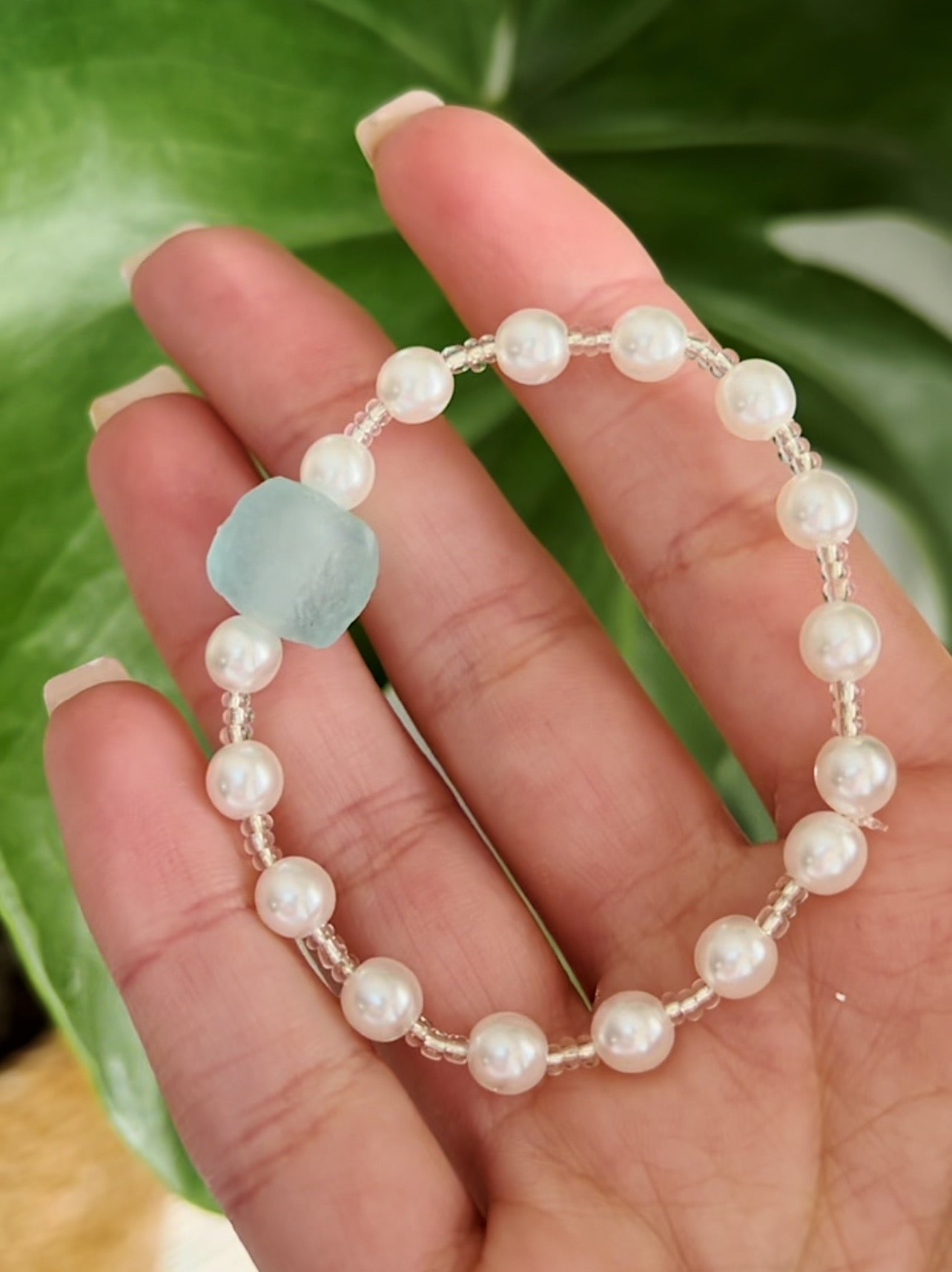 Aqua Sea Glass & Freshwater Pearls Bracelet