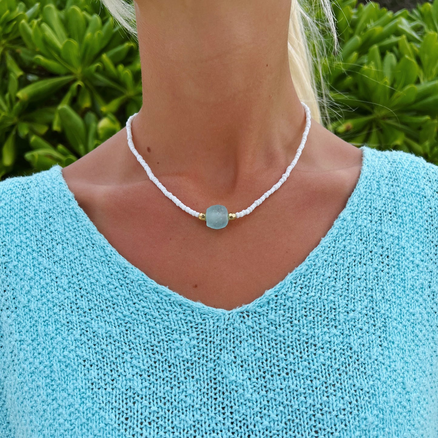 Aqua Sea Glass Beaded Necklace