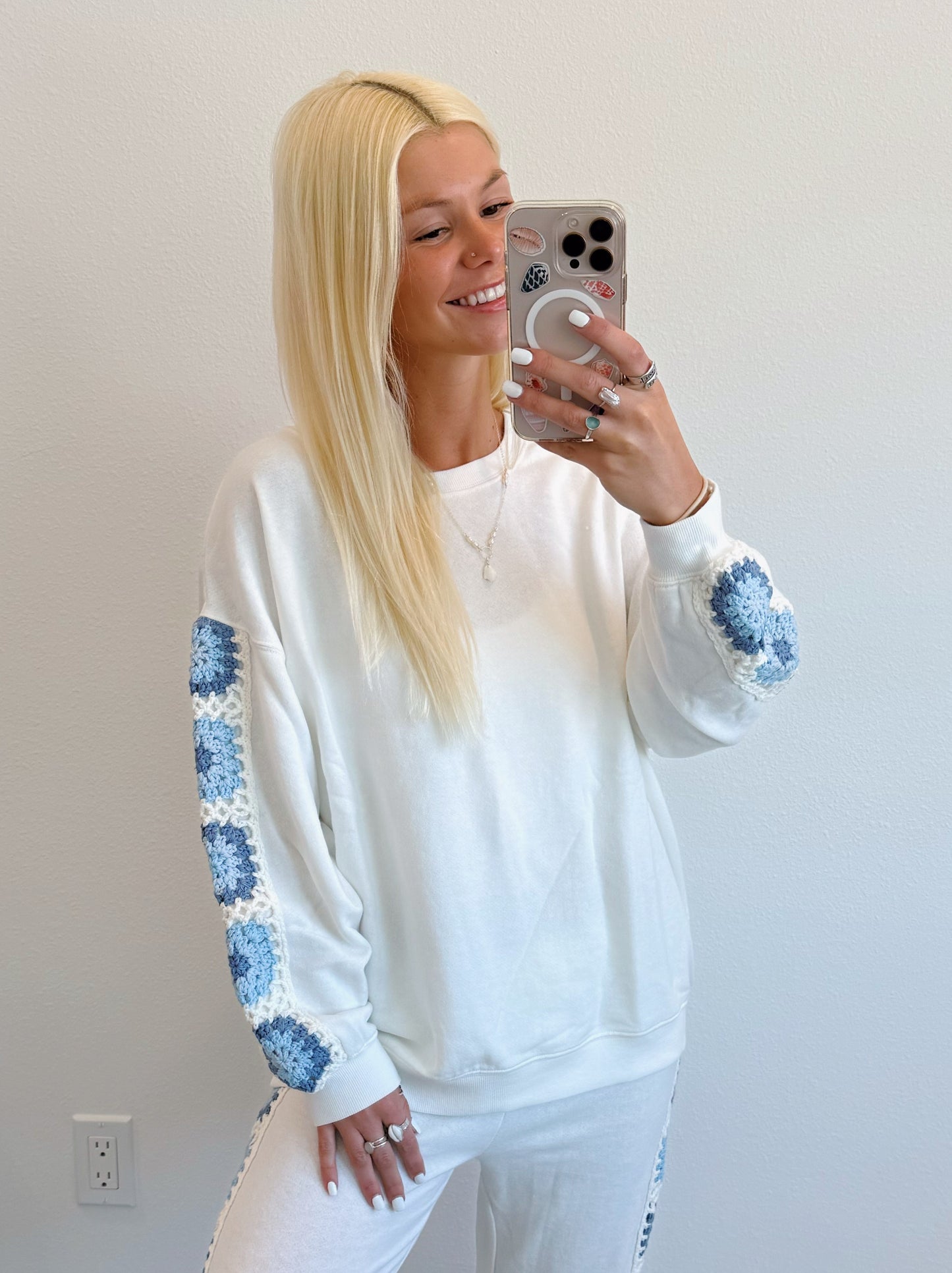 White & Blue Crochet Crewneck