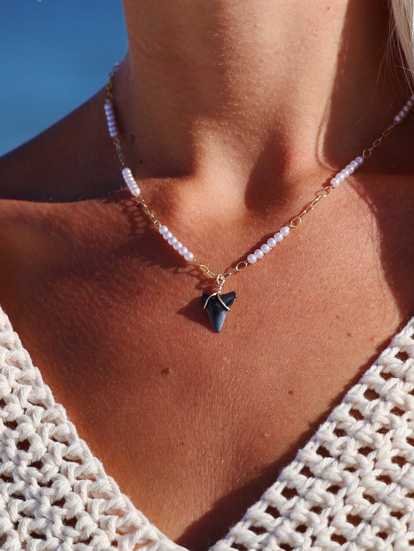 Gold Filled Pearl Paperclip Chain Shark Tooth Necklace