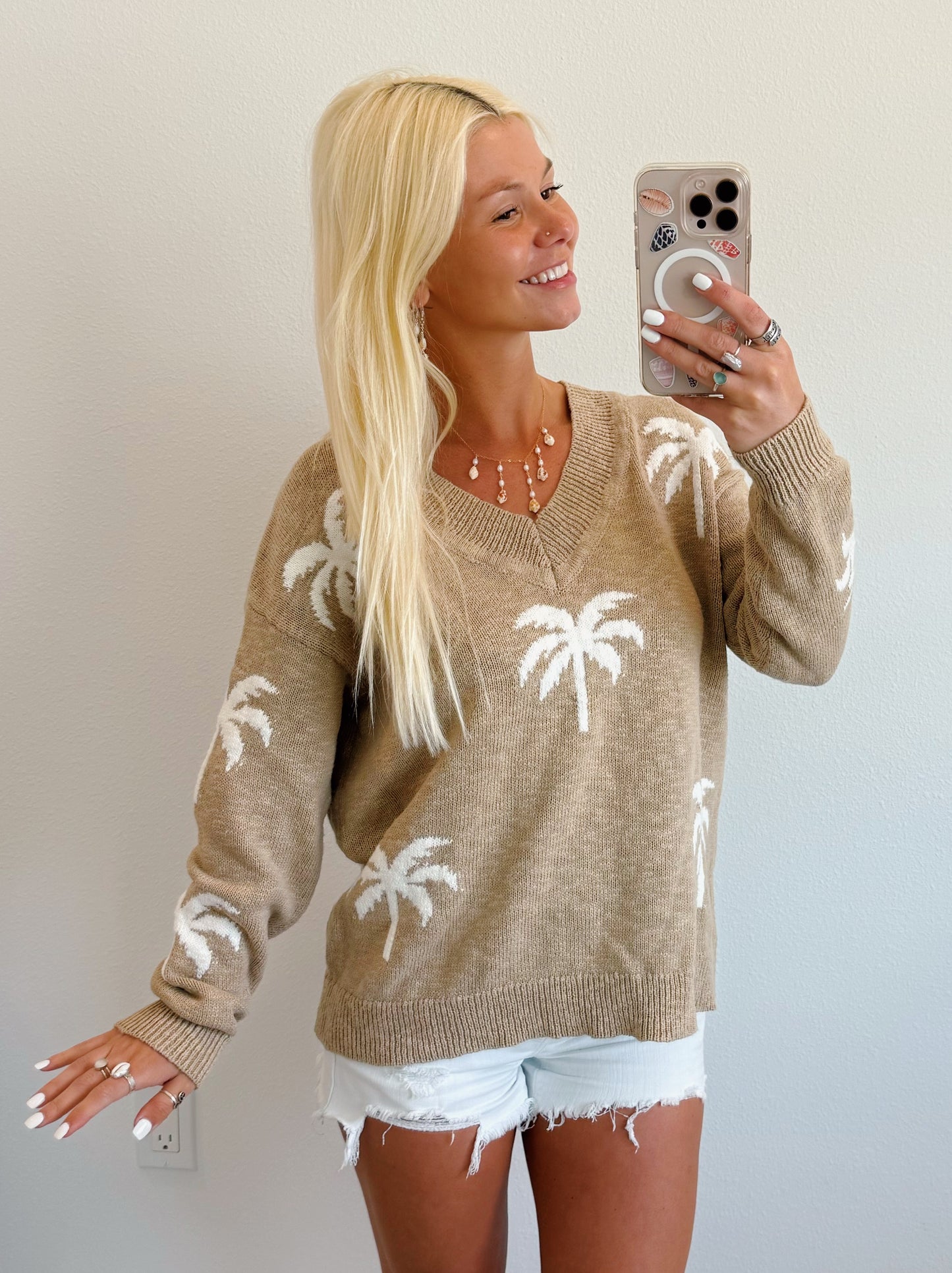 Tan Palm Tree V Neck Sweater