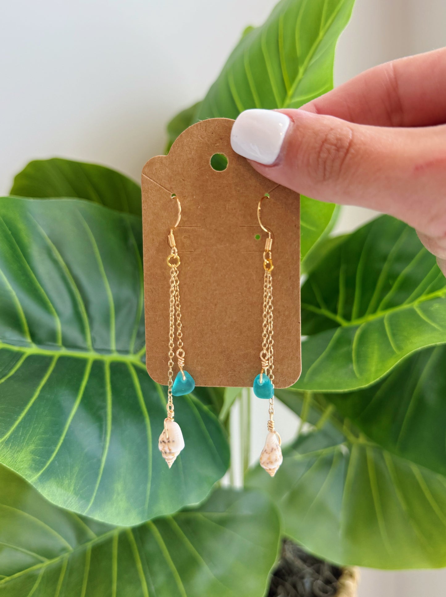 Gold Shell & Teal Sea Glass Drop Earrings