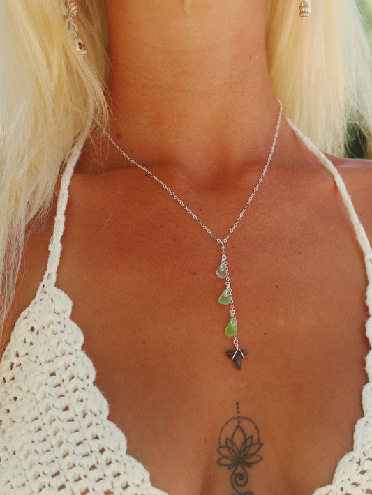 Sterling Silver Mix Green Sea Glass & Shark Tooth Drop Necklace
