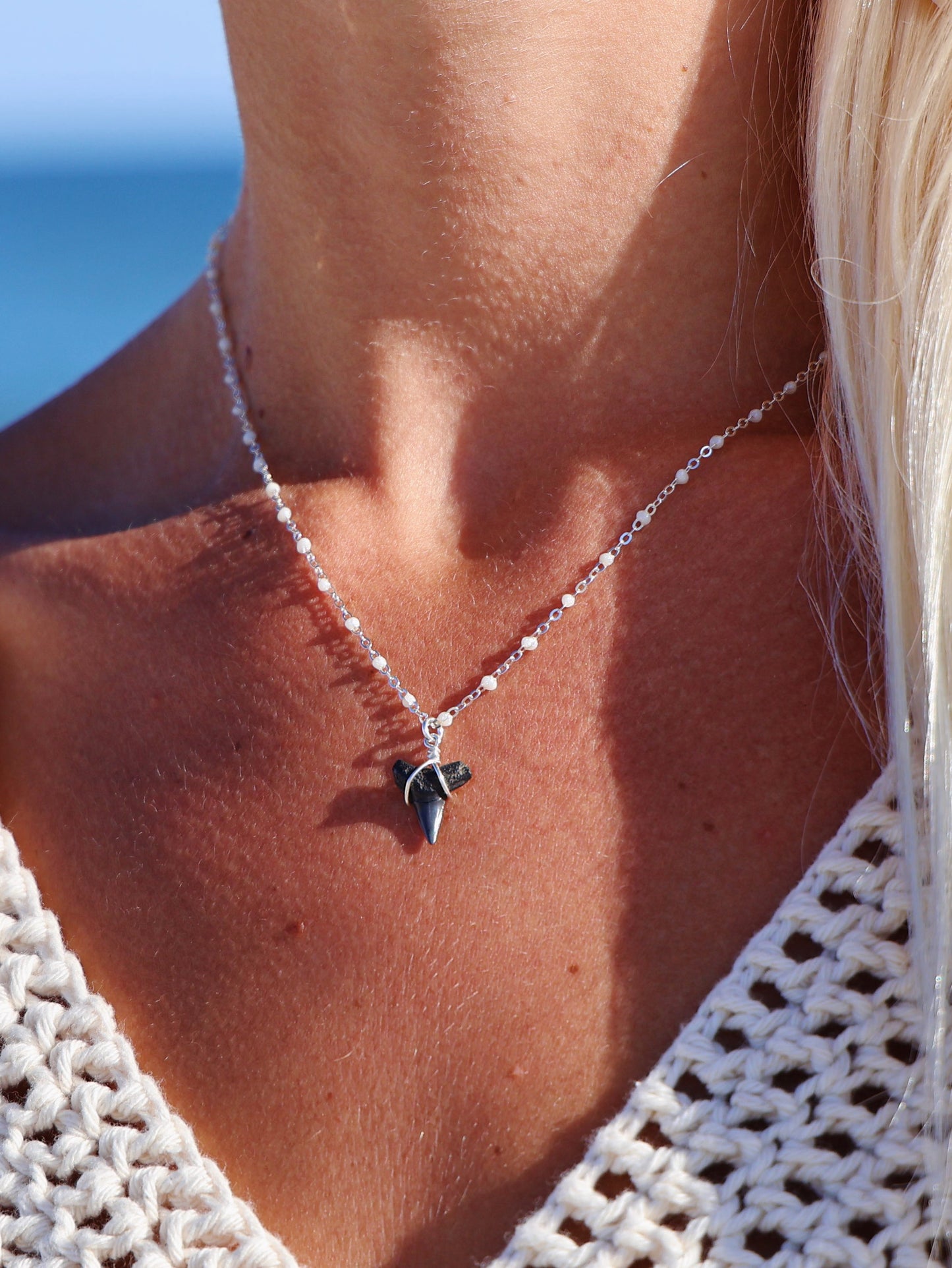 Sterling Silver Pearl Chain Shark Tooth Necklace