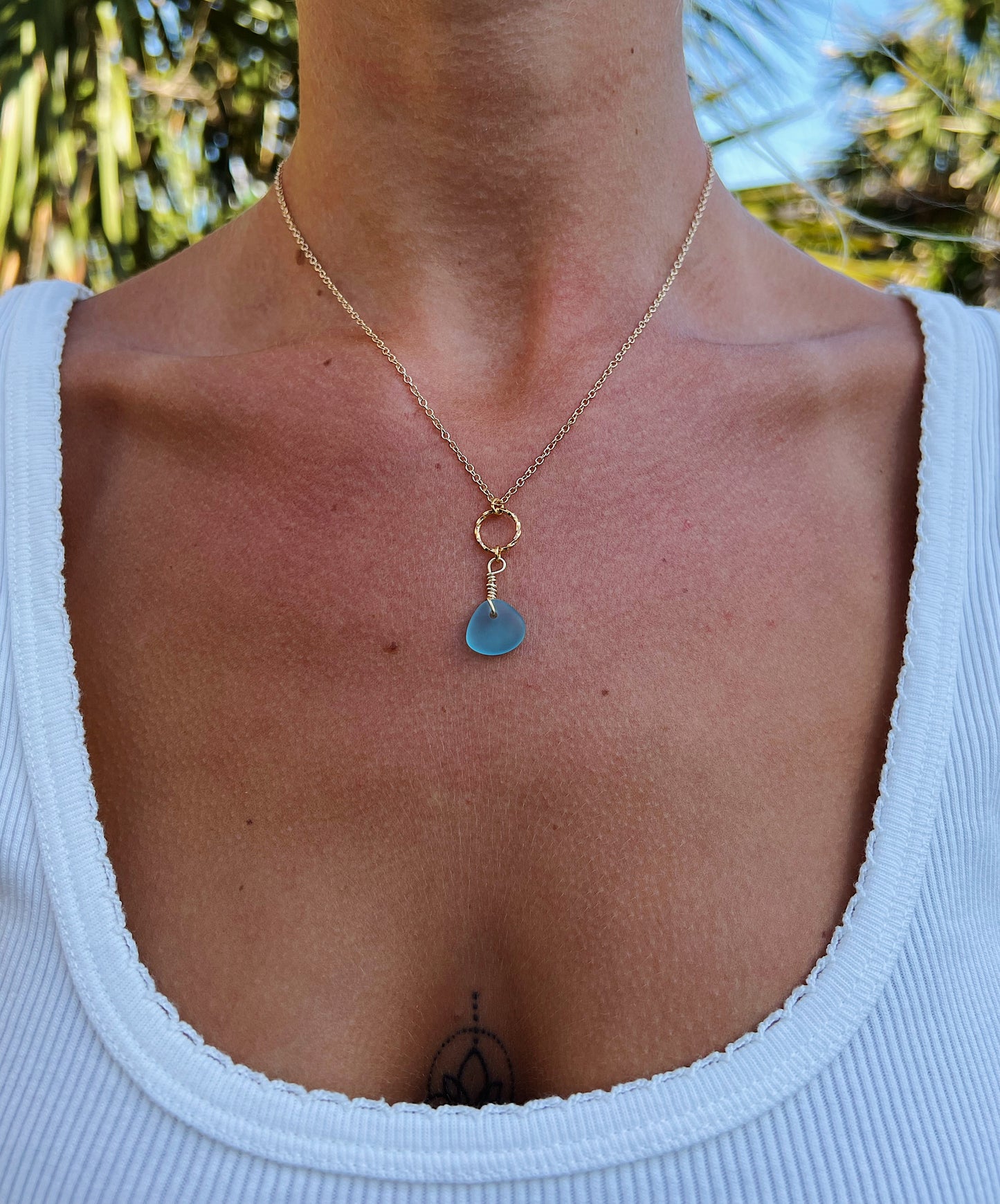 Blue Sea Glass Gold Necklace