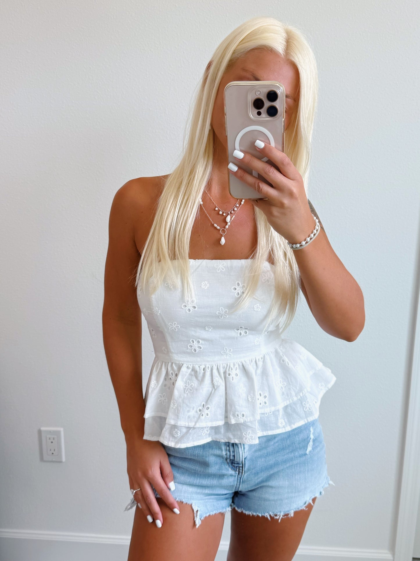 White Eyelet Strapless Tie Back Tank Top