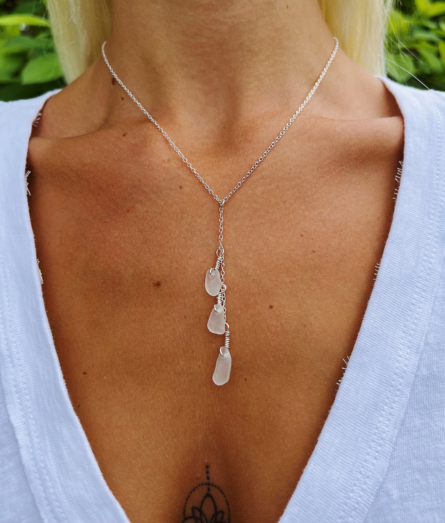 Clear Sea Glass Drop Silver Necklace