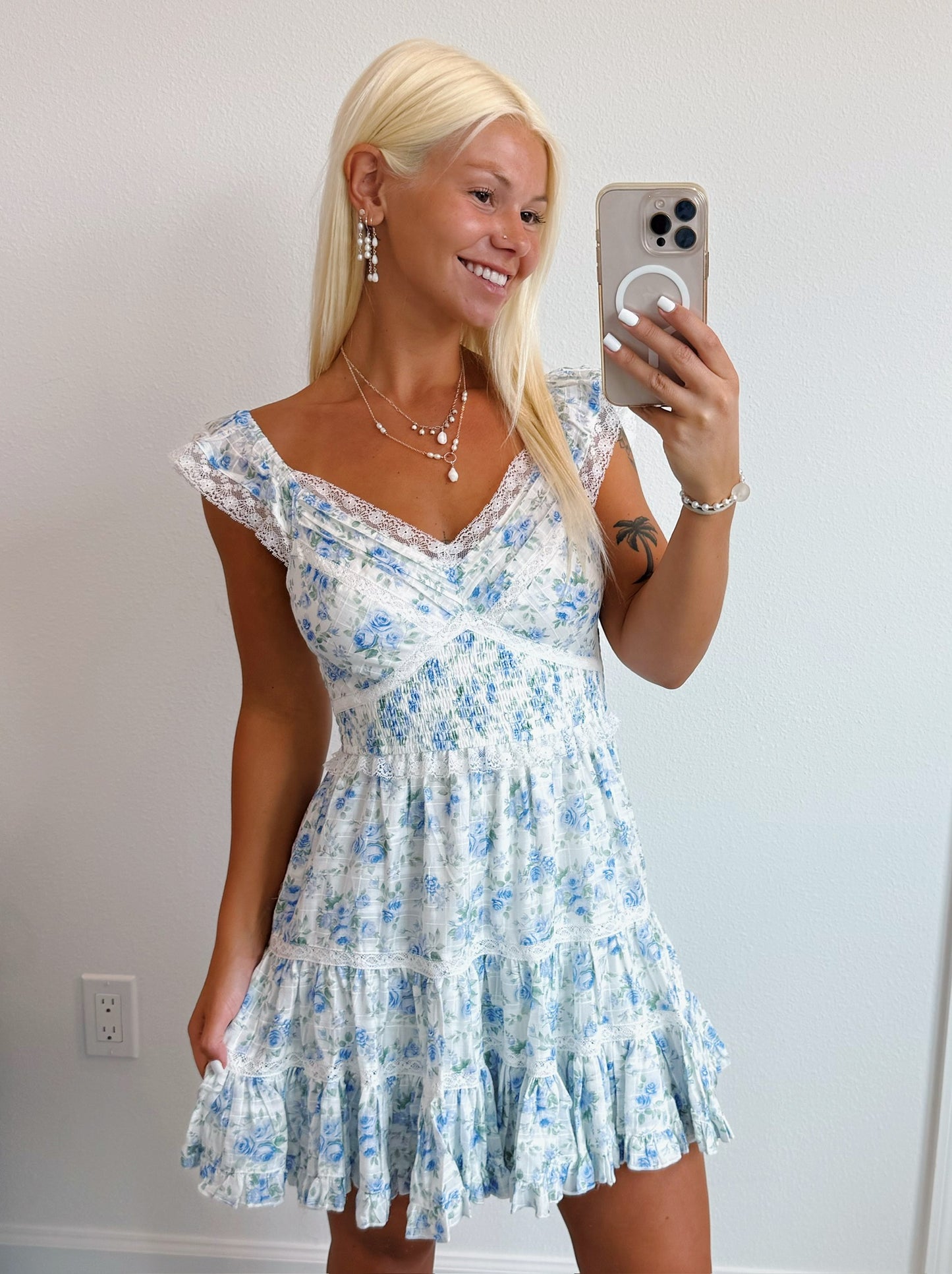 Floral Lace Ruffle Shoulder Mini Dress