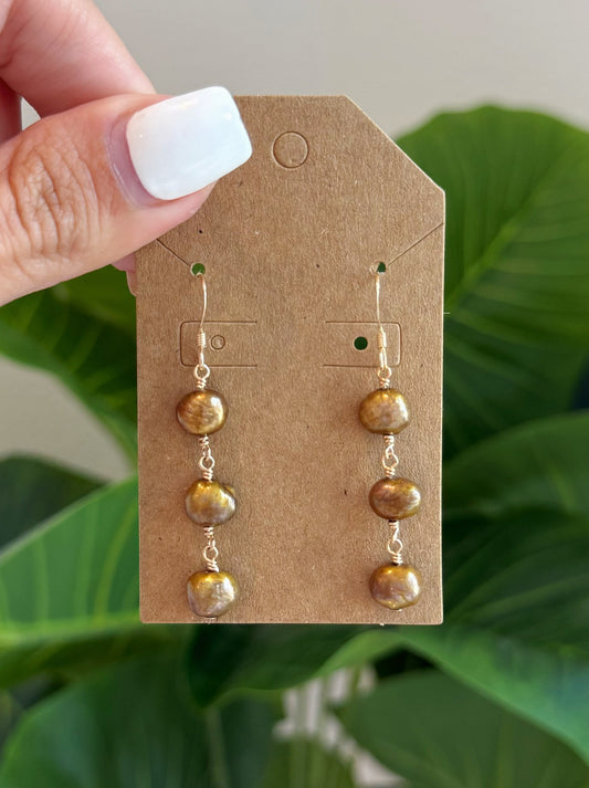 Gold Filled Golden Brown Bronze Aura Pearl Stack Earrings