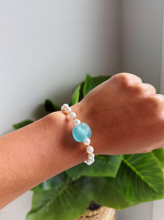 Gold Turquoise Sea Glass Pearl Bracelet