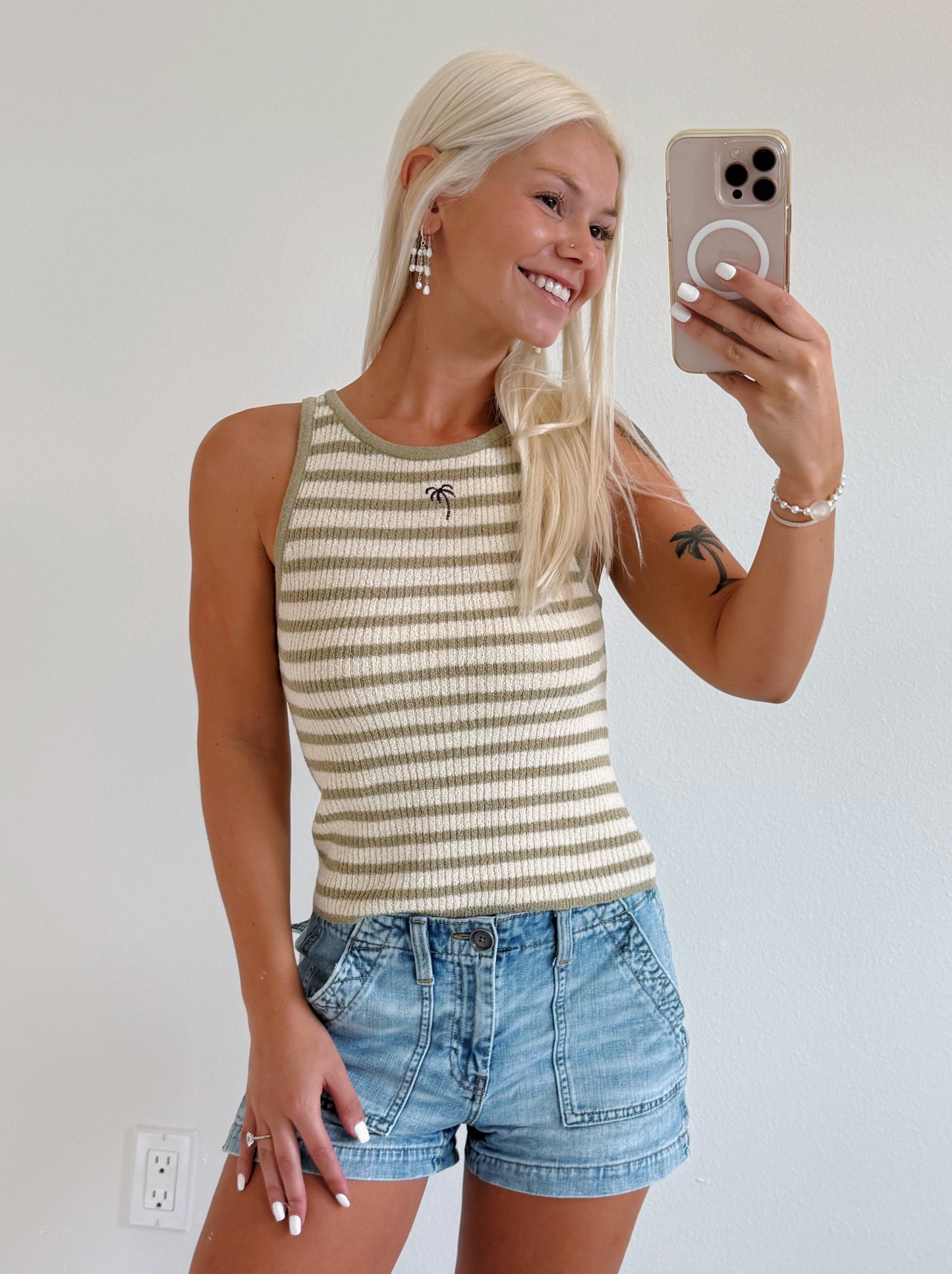 Olive Stripe Palm Embroidered Tank