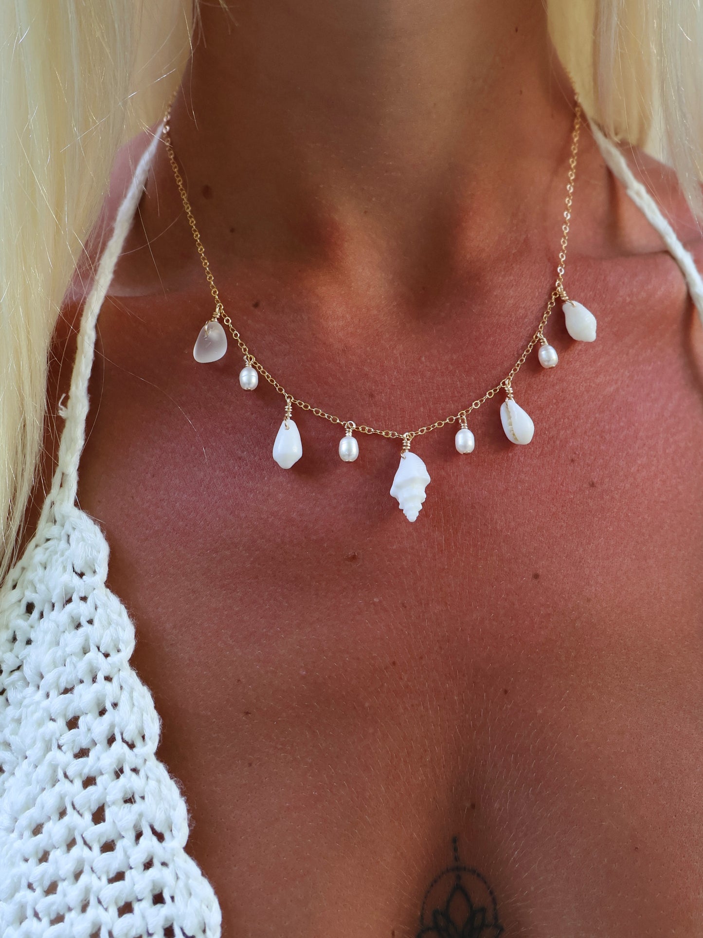 Gold Filled White Conch Mix Shell Baroque Pearl Multi Necklace