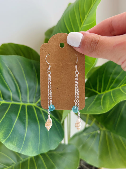 Silver Shell & Turquoise Sea Glass Drop Earrings