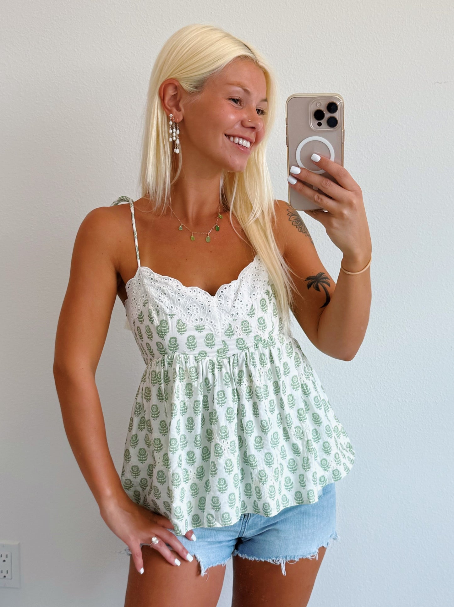 Ivory & Sage Eyelet Babydoll Tank Top