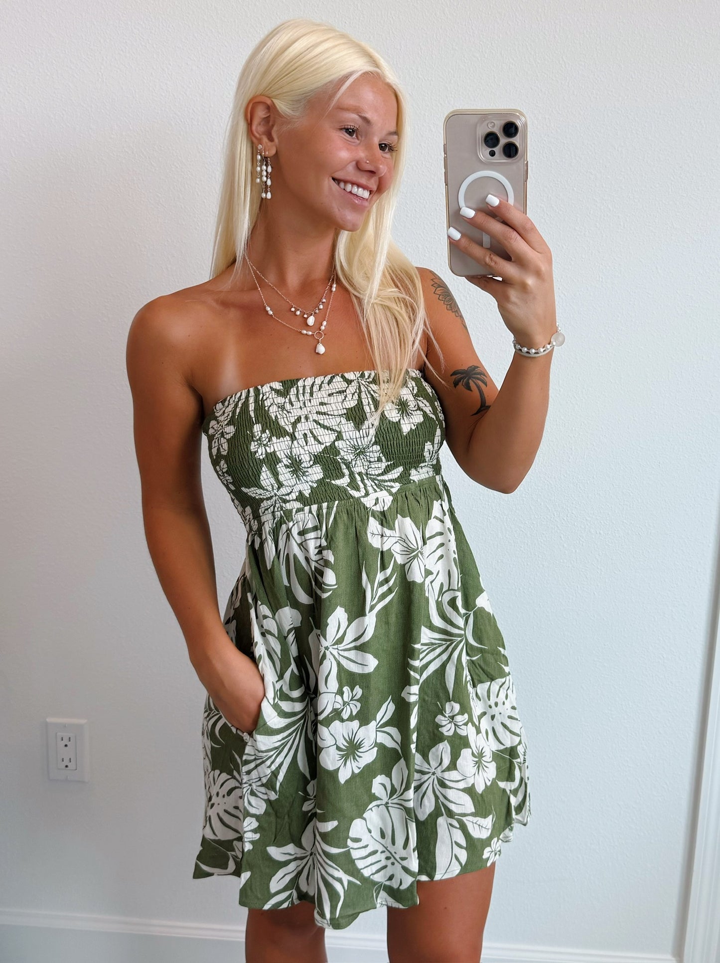 Olive Green Tropical Leaf Tie Back Strapless Mini Dress