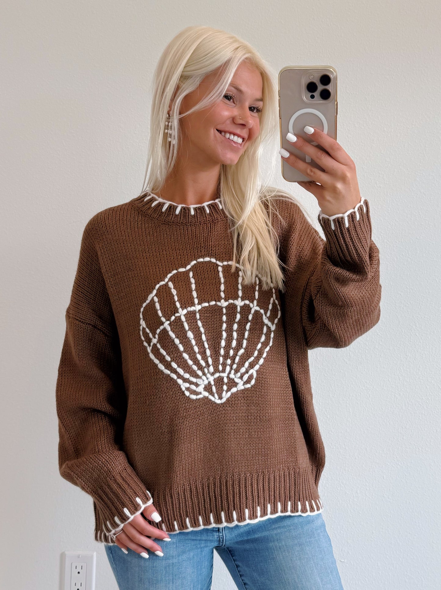 Chocolate Brown Shell Stitched Sweater