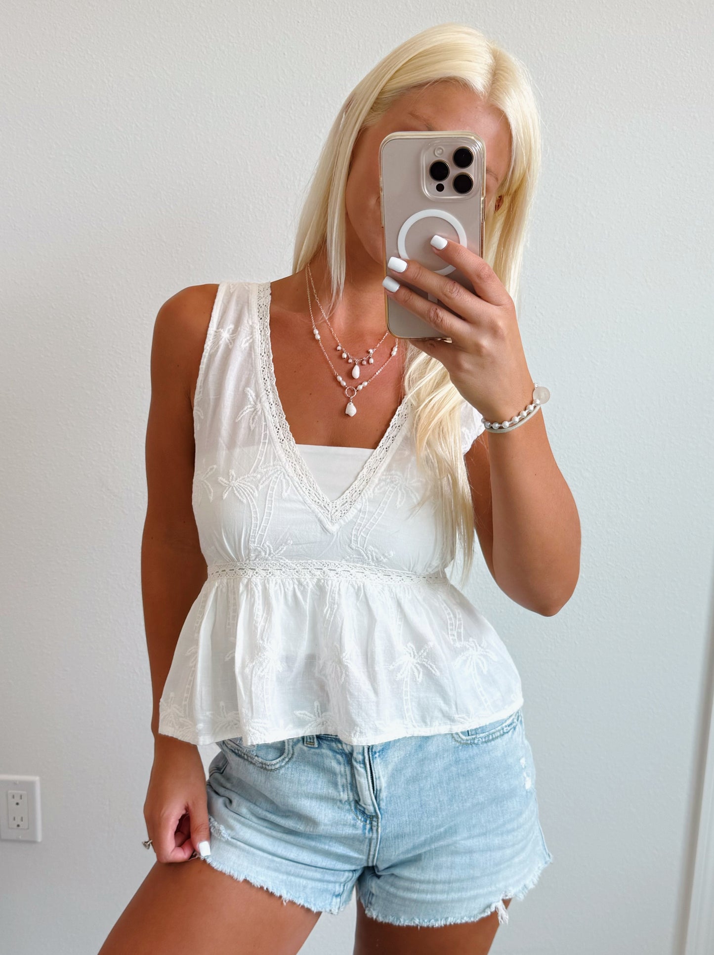 White Palm Tree Tie Back Tassel Tank Top