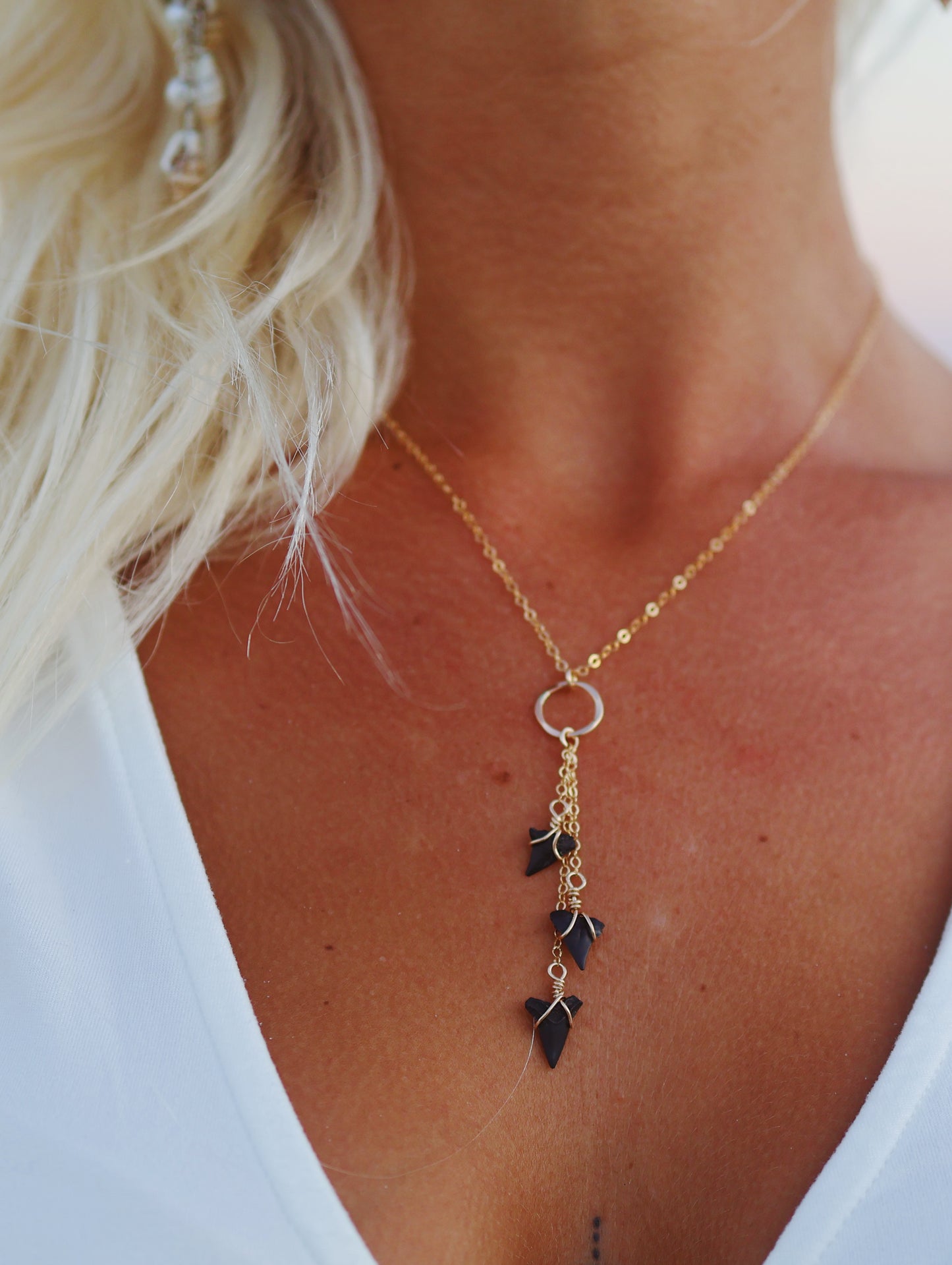 Gold Filled Shark Tooth Triple Drop Necklace