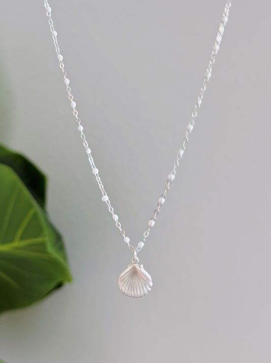 Sterling Silver Scallop Shell Charm Pearl Chain Necklace