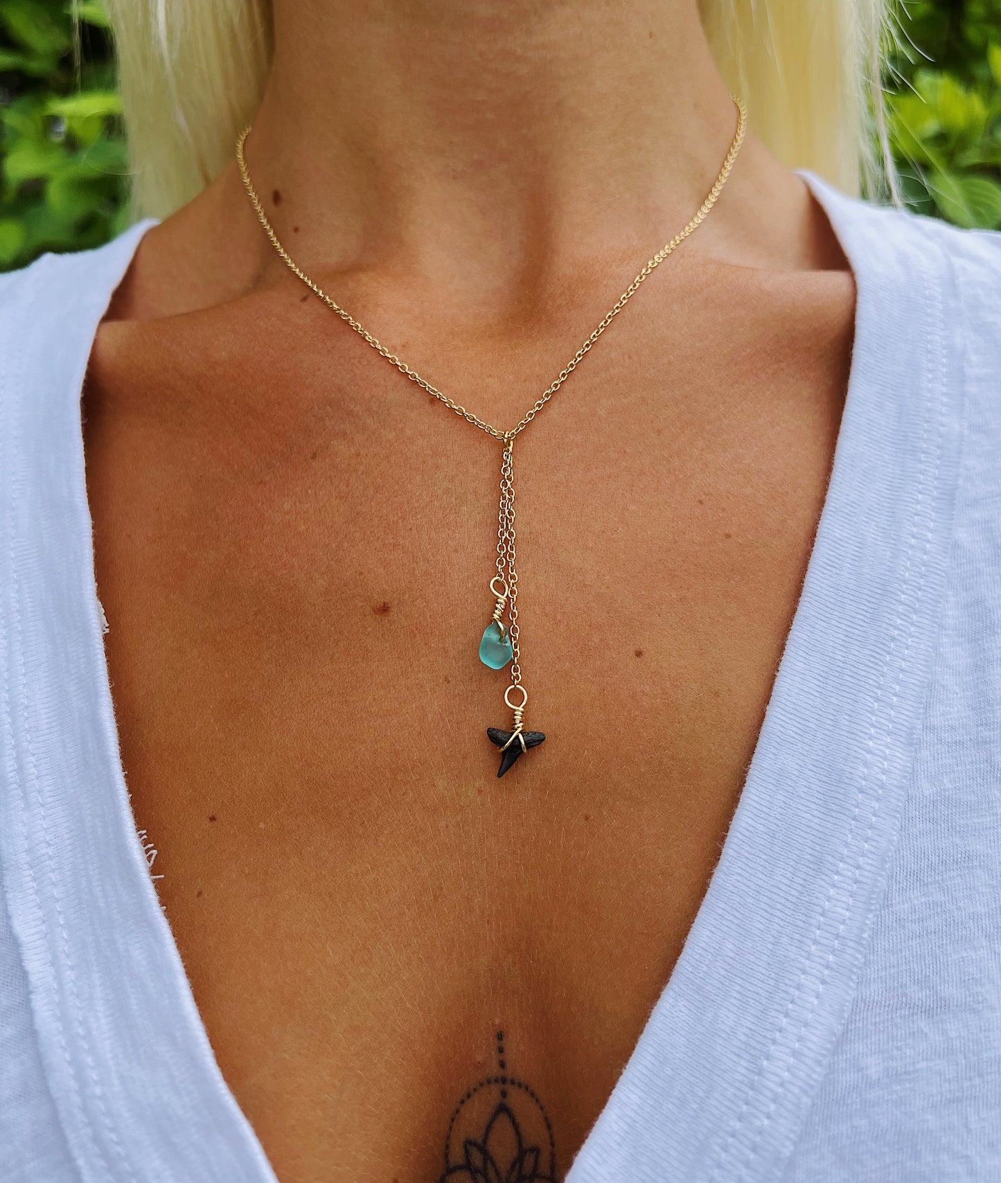 Shark Tooth & Light Blue Sea Glass Gold Drop Necklace